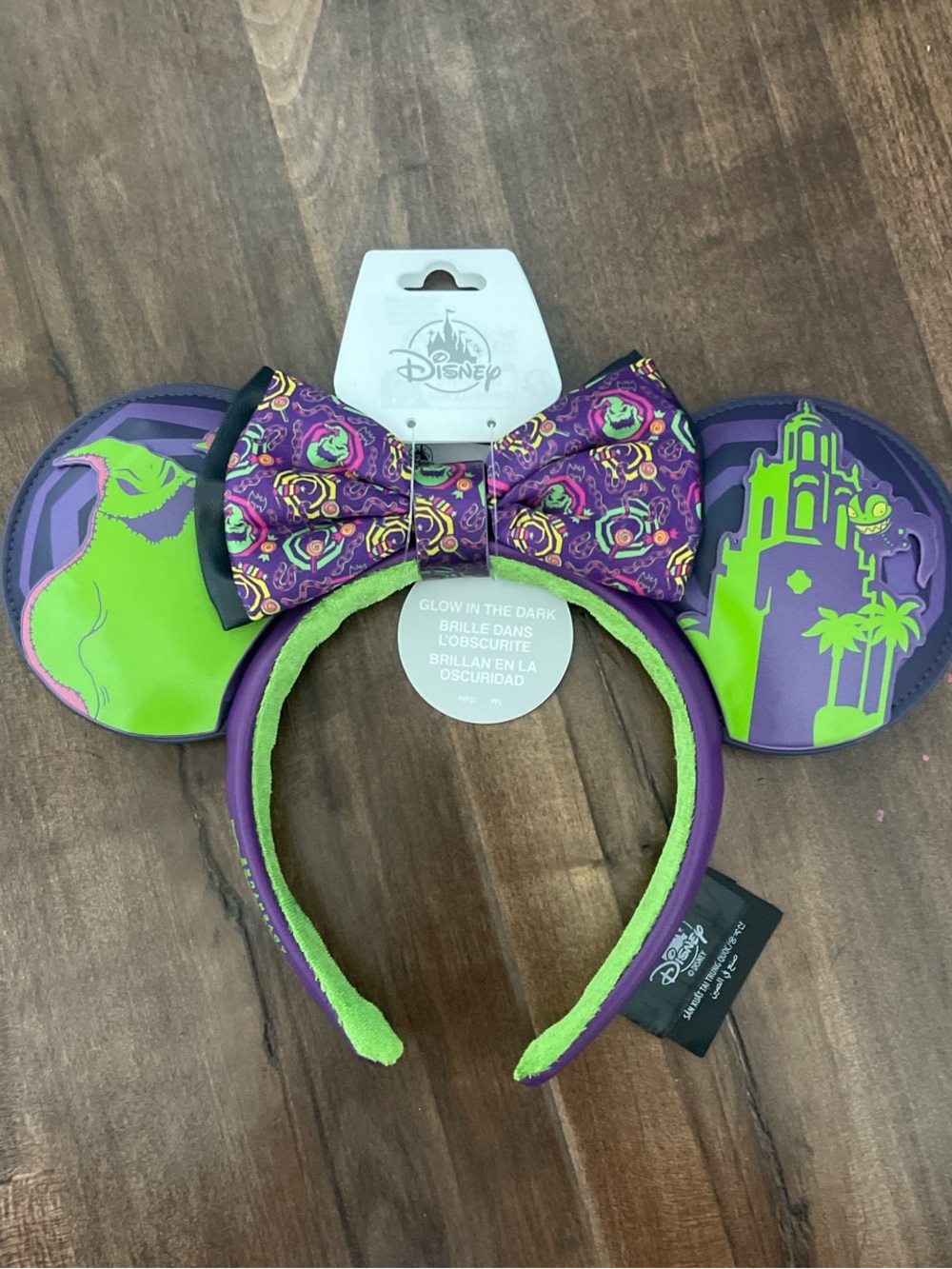 Disney Oogie Boogie Glow-in-the-Dark Purple & Green Ear Headband removable bow
